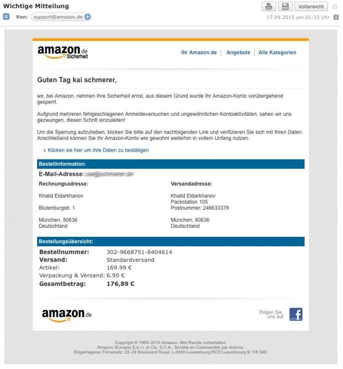 Achtung Phishing-Gefahr: gefälschte Amazon-E-Mails im Umlauf