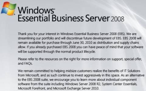 Microsoft stellt Windows Essential Business Server 2008 ein